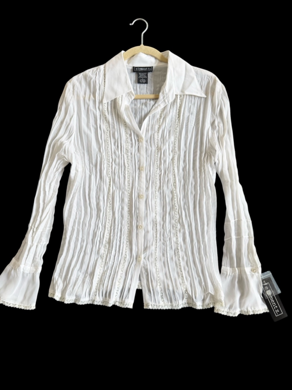 Women's Ivory Button-Front Lace Pintuck Blouse NWT Size L Crinkle Bell Cuff